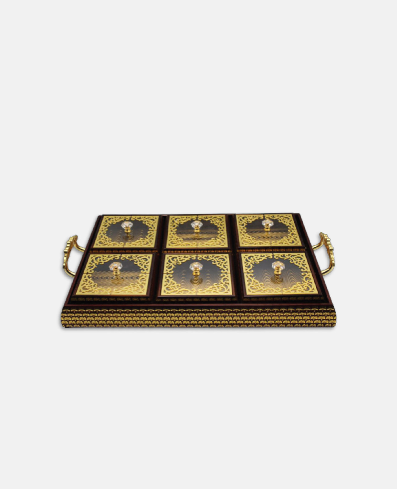 Black and Golden Fancy Wood Tray with 6 Wood Boxes/H 10-5