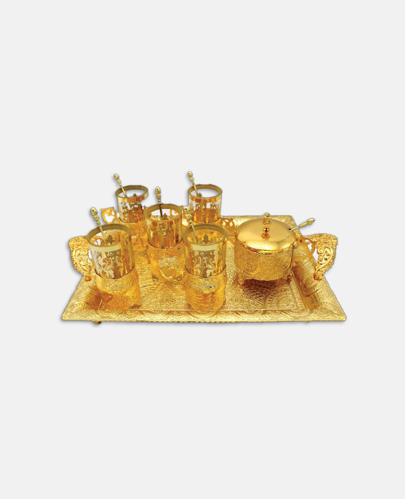 Fancy Golden Tea Set - 6 Cups a Sugar Pot and serving Tray/H 18-7