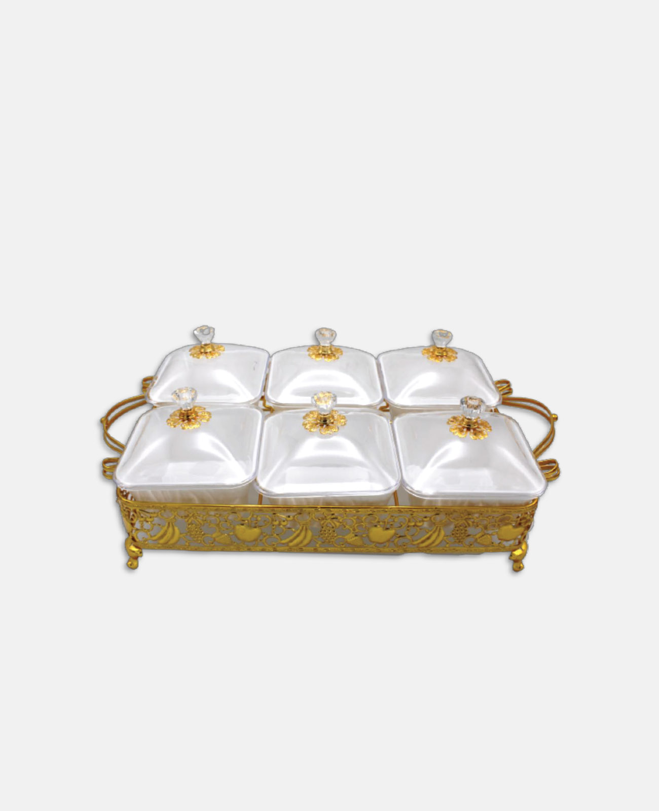 Golden Fancy Tray with 6 White Glass Boxes/H 18-20