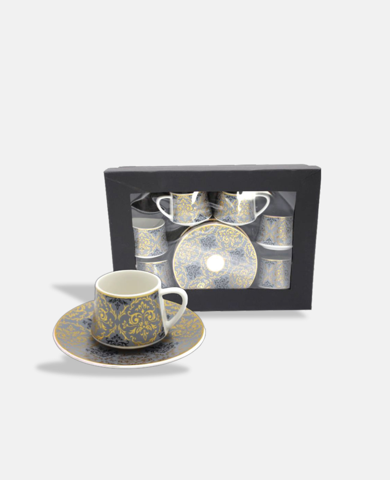 Narrow Mouth Golden and Black Thin Print Porcelain Coffee Cups Set - 6 Pieces/H 1-43